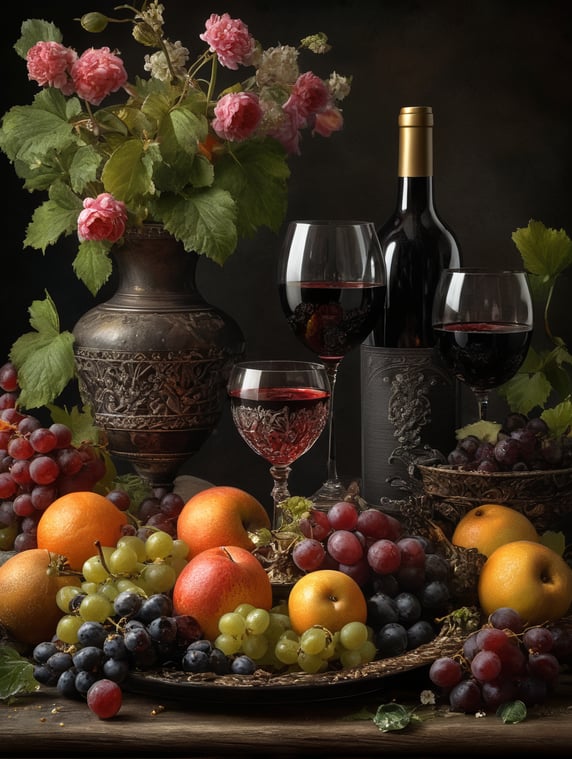 photo spring still life with wine and fruits and flowers