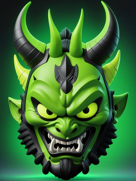 Illustration of a demon mask, demon samurai mask, oni mask, neon green oni mask, samurai mask, samurai, demon samurai, demon samurai warrior, oni horns, cartoon, 3d render, soft shadows, cartoon, pixar, videogame character, neon green and black, close up
