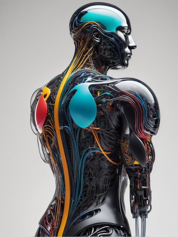 iseneld + abstract biomechanic humanoid dynamic pose portrait made of matte transparent rubber, smooth carbon fibre skin, circuits and sinuous wires, liquid shapes + vibrant color palette, biomorphic, minimalism, surrealism, dither + art station