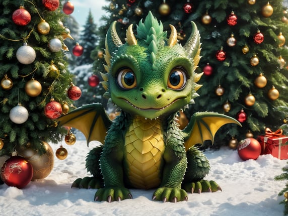 cartoon green dragon, cute, fluffy, big eyes, sitting in the snow, next to a Christmas tree decorated with Christmas decorations, bright garlands; мультяшный зеленый дракон, милый, пушистый, глаза большие, сидит в снегу, рядом елка украшенная елочными игрушками, яркими гирляндами