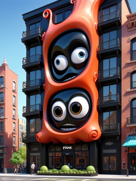the craziest, bentwood, far view lens architectural modern style hyper realistic hyper detailed neocosmic exterior architecture design of a octopus Fluid complex facade, geometric shapes spectrum, black::1 red:3, Antoine Blanchard architecture art style, in new York city, dramatic ambient, natural lighting