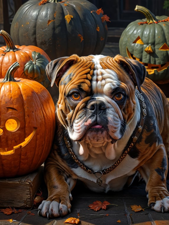 Brindle bulldog with pumpkin