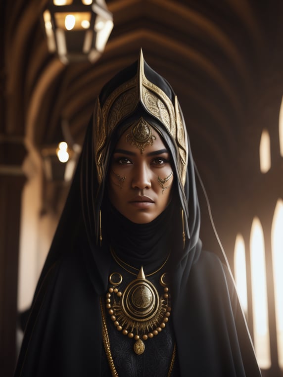 hyper-realistic, ultra-detailed photograph of indonesia white woman with arabic niqab black cloak of crow's feathers. Dark Renaissance ottoman mosque background, photo realistic, golden jewelry, dark, sunlight fractal details, depth of field, HOF, hall of fame, detailed gorgeous face, apocalyptic environment, natural body posture, professional photographer, captured with professional DSLR camera, trending on Artstation, 64k, ultra-detailed, ultra-accurate detailed, bokeh lighting, surrealism