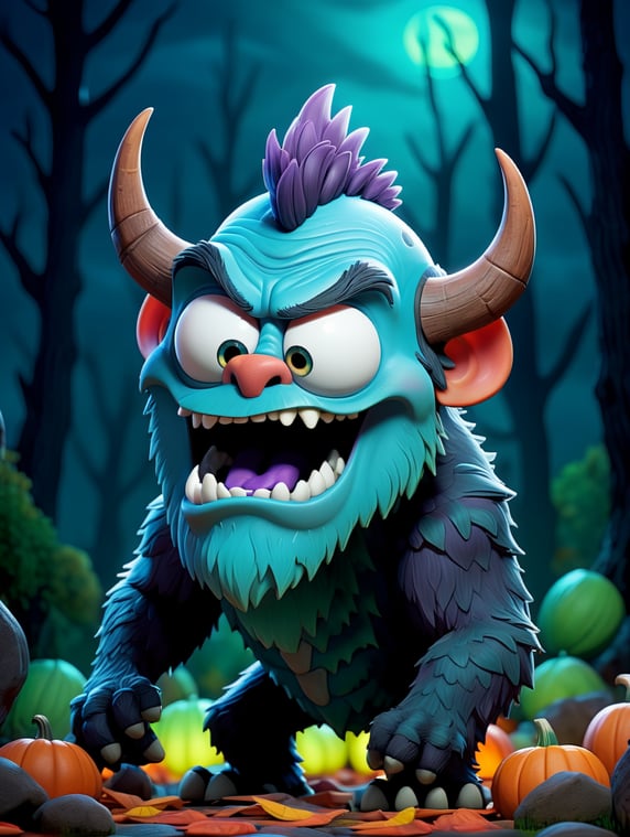 Monster on Halloween, skeletons and bones around,