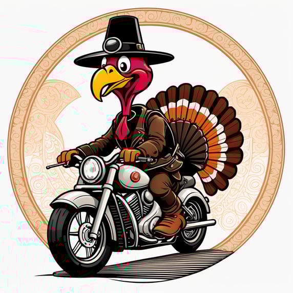 an illustration of a cartoon style turkey with a pilgrim hat riding a motorcycle, 2d circular design, ink and pen illustration
