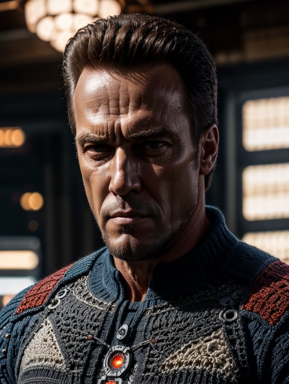 a terminator t-800 wearing very hirsute crocheted sweaters for sheeple, portrait