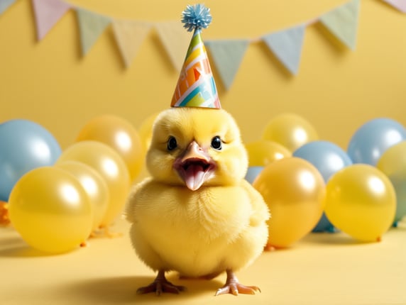 portrait of a Yellow Baby Chick Singing Happy Birthday, stands front camera with birthday cap, happy birthday image