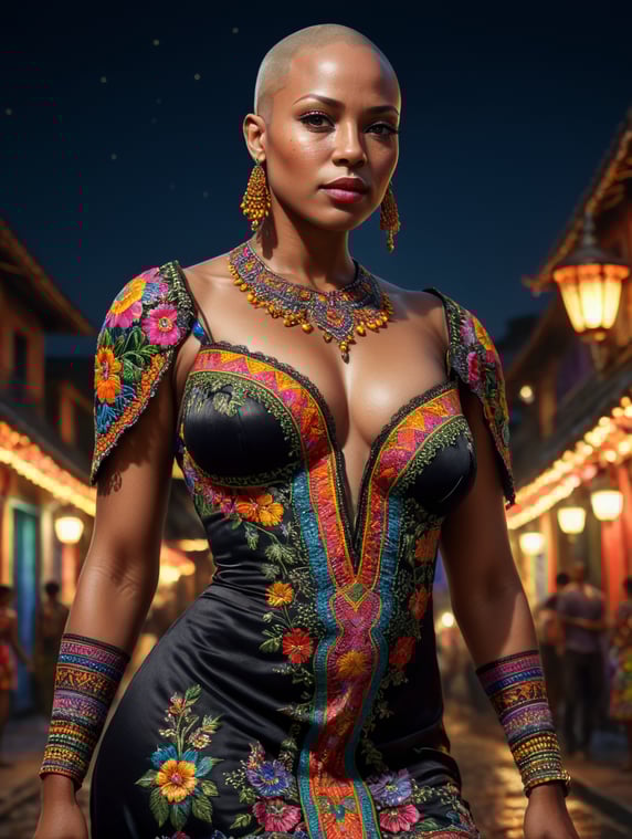 Beautiful hot bald black woman with freckles, wearing a colorful, vibrant, detailed embroidered dress, medium-full shot, at night