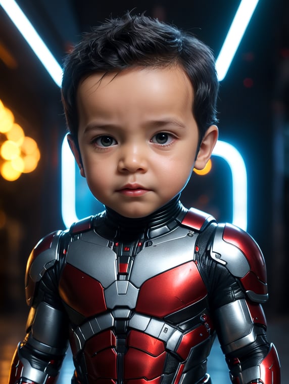 baby version of ant man marvel with black hair full body ,no mask, without mask, full face,neon light photorealistic, masterpiece,full body photography, Ultra realistic, epic details, photorealistic, Cinematic, Ultra HD, Professional photography