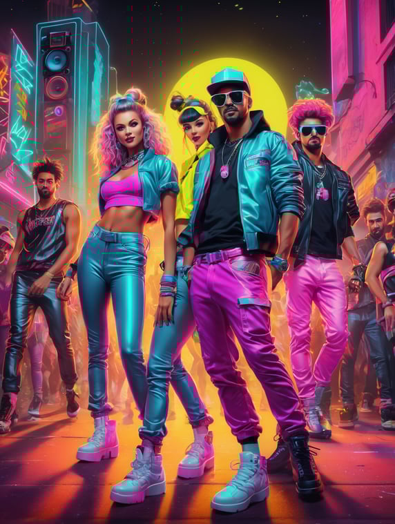 design an image for a 80's retro party New years Eve Party using fluro inks, and include girl and guy breakdancers, boom box, speakers, synthwave, retro futuristic style with an urban, street, and graffiti vibe.