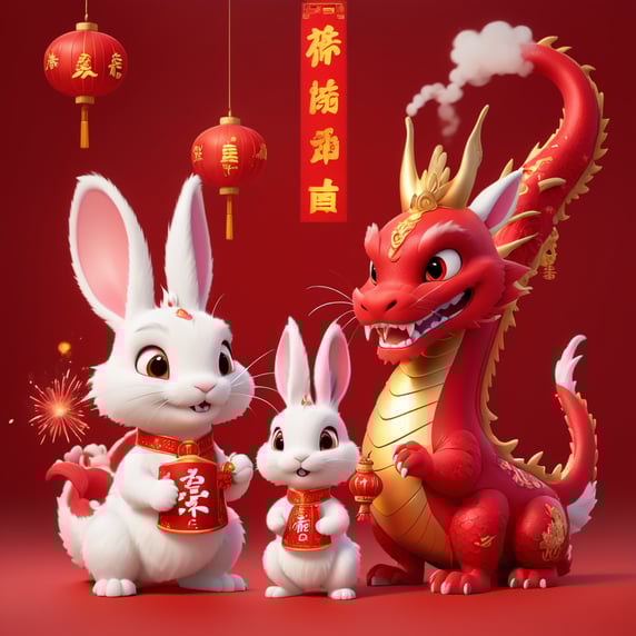 A Chinese style red dragon and a white rabbit celebrate the New Year in front of a red background. The dragon is holding a lit firecracker and the rabbit is watching. The background is red and festive, with the text "2024 Happy New Year" on the background; 一條中國風格紅色的龍和一隻白色的兔子在紅色背景前慶祝新年。龍持有一根點燃的爆竹，兔子正在觀看。背景紅色喜氣，背景上有文字 “2024 Happy New Year “