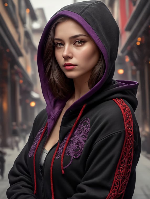 black hoodie with red cords and purple sleeve ends worn by a pretty young woman; hoodie noir avec cordons rouge bout des manches violet porté par une jolie jeune femme