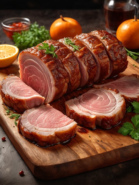 moked pork tail meat in wavy slices on a cutting board