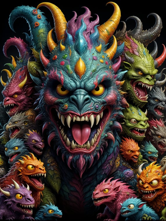 monsters doodle art colorful funny cartoonish cute creatures imaginative playful whimsical artistic abstract