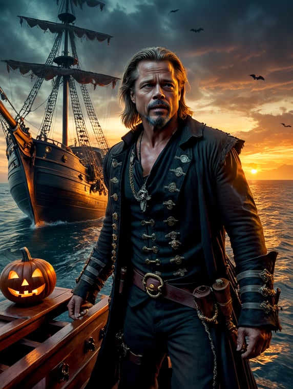 By John Carpenter, chilling Halloween dusk, Brad Pitt as a menacing spectral pirate, eerie ghost ship, surreal fright, Halloween charm, cinematic photography, action shoot, movement, epic, high definition