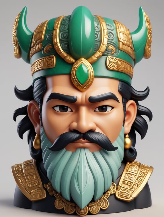Design a character head in the style of a chibi figure inspired by a Mayan god. The character should reflect the cultural essence of the Mayan culture, traditional Mayan clothing, headdresses on the head, NORMAL BLACK HAIR. The character is an elegant and powerful guardian or priest, with confidence, adorned with vibrant colors, jade accessories and symbolic patterns and with a friendly face and goatee, closed mouth; Diseñala cabeza de un personaje con estilo de una figura chibi inspirada en un dios Maya. El personaje debe reflejar la esencia cultural de la cultura maya , vestimenta tradicional maya tocados en la cabeza CABELLO NORMAL NEGRO. El personaje es un guardián o sacerdote elegante y poderoso, con confianza, adornado con colores vibrantes, accesorios de jade y patrones simbólicos y con rostro amigable y barba de candado, boca cerrada