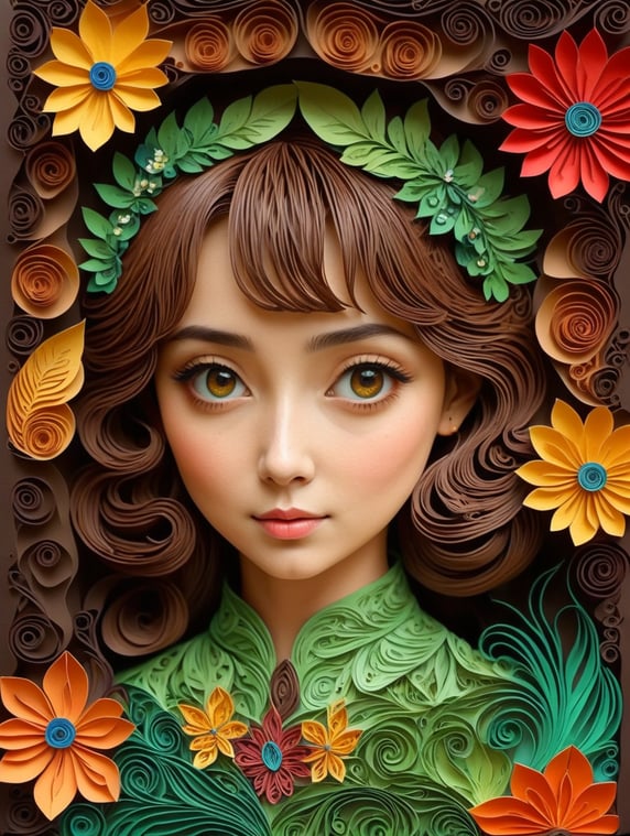 masterpiece best quality expressive eyes perfect face anthropomorphous flower girl brown body green leaves colorful flowers medieval fantasy text to image art digital art with enchanted forest as background