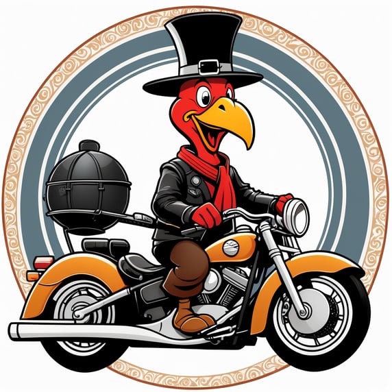 an illustration of a cartoon style turkey bird with a pilgrim hat riding a motorcycle, 2d circular design, ink and pen illustration