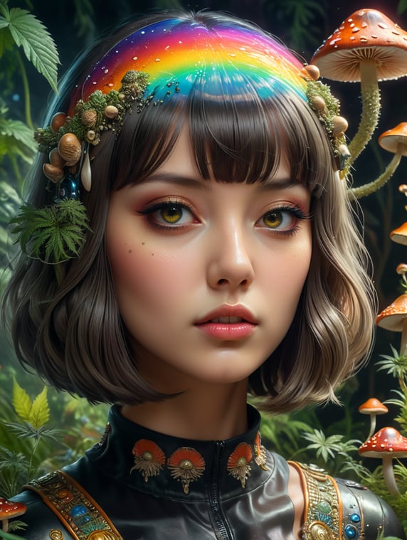 kawaii style psychedelic with mushrooms & cannabis coming from the mind. hairstyle bangs with bob