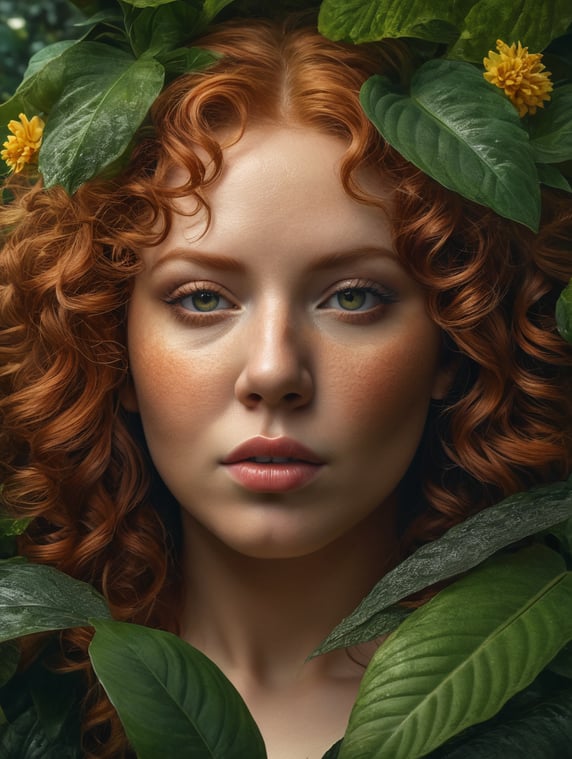 close up of a beautiful extremely overweight redhead woman with very curly hair hiding behind lush jungle leaves and many flowers with leaves covering her whole face only her eyes and lips can be seen