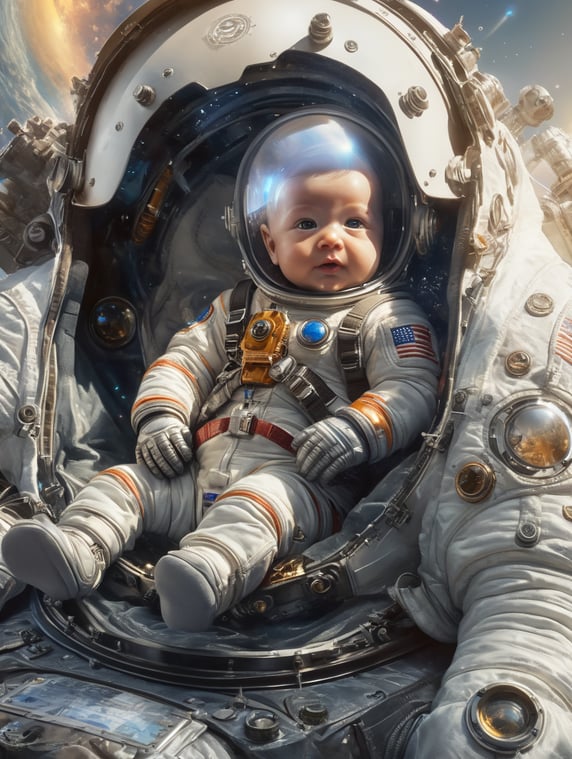 baby astronaut, 4k, lightfilm, sunlight in glass, realistic, realism