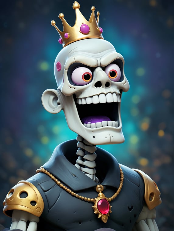 in the style of studio ghibli, a skeleton wearing an oni mask and gold crown