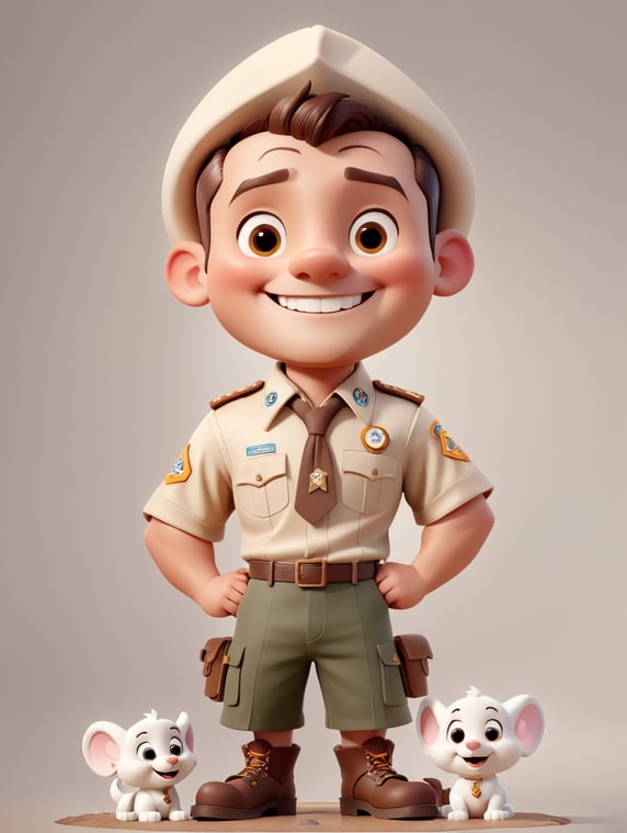Male scout with white skin, smiling, full body; Escoteiro masculino com pele branca, sorrindo, de corpo inteiro