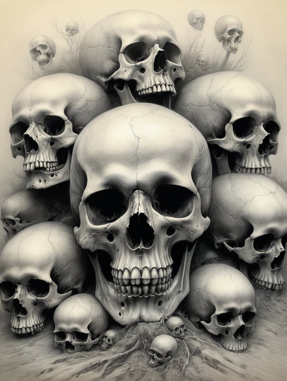 Create a pencil drawing of a corpse and skulls in the style of Zdzisław Beksiński.