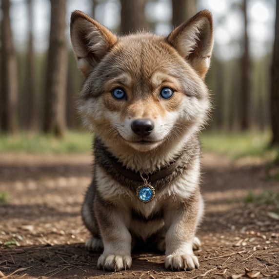 chibi happy wolf with blue eyes, white chest, snout and legs