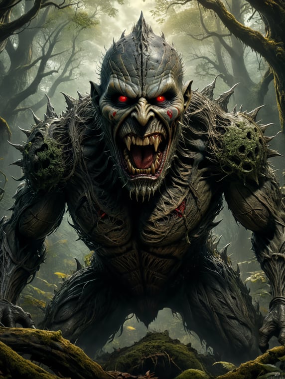 Horror movie creature, EDDIE IRON MAIDEN, dark forest background