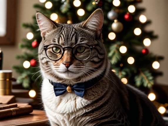 cute cat, grey cat, smoking cigar, rimless eyeglasses, fluffy, beautiful, Christmas tree, gentleman style, photo quality