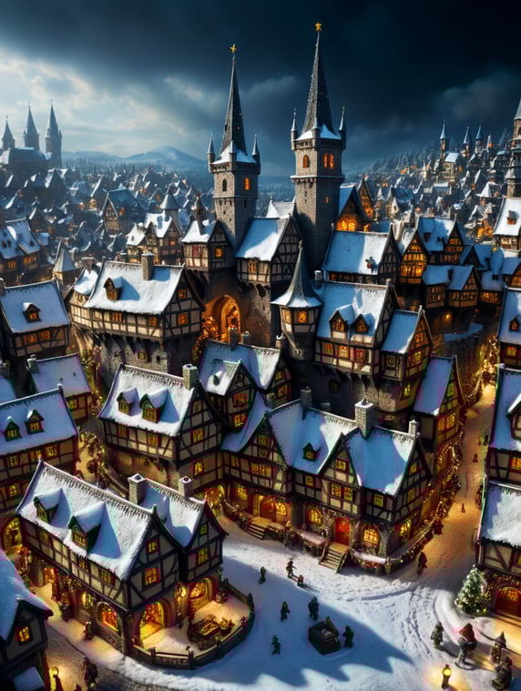 tilt shift photography of a Christmas medieval fantasy miniature city, depth of view, sunny, at night, snowy weather