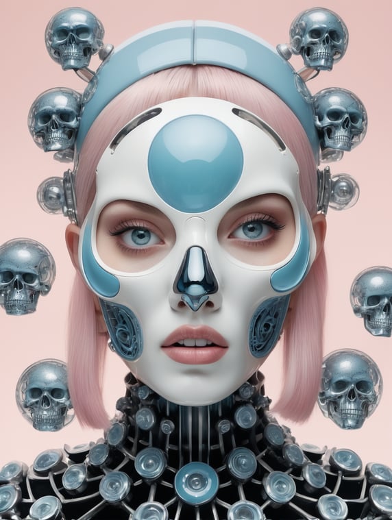 Supreme new 'blackonblack' Mid century modern' ad, in the style of surrealistic biomechanics, a beautiful French woman, unsettling beauty, baby blue eyes, white skin, long light pink hair style, eye-catching, wearing a Mid century Modern Supreme clothing, with geometrical patterns, in the style of Bauhaus fashion , asymmetrical balance, emotional scene, Akira Toriyama, wearing a clear skull mask to his face made of glass, skull motifs, hiphop aesthetics, made of glass, exacting precision, hedi xandt, Timothy Hogan, pure white background, high detail, hyper quality, high texture details, high definition, sharp, iconic, magazine cover, frontal, blink and you’ll miss, frontal, tense gaze, scanner photography
