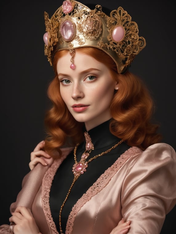 Lovely portrait. Medieval redhead young woman in golden vintage clothing as a duchess with a vintage pink motorcycle helmet on her head on dark black background