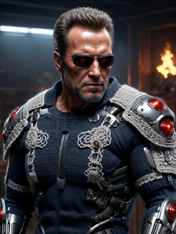 a terminator t-800 wearing very hirsute crocheted sweaters for sheeple, portrait