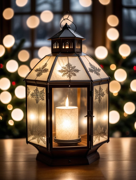 clear paper lantern in front of a christmas background