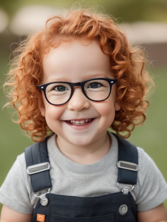 a 2 year old child with red curly hair wearing glasses smiles at the camera and shows GOOD; ребенок 2 года с рыжими кудрявыми волосами в очках улыбается в камеру и показывает GOOD