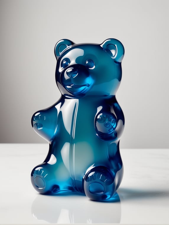 Giant Blue transparent gummy bear. Professional shot. Perfect angle pictured . Gummy’s bear silky smooth. White background