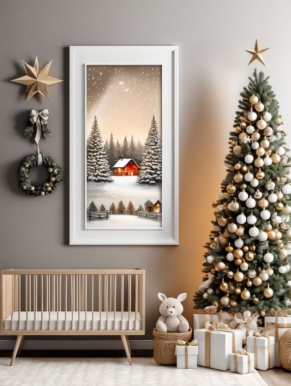vertical frame wall mockup, nursery with christmas decorations, neutral colors and christmas lights
