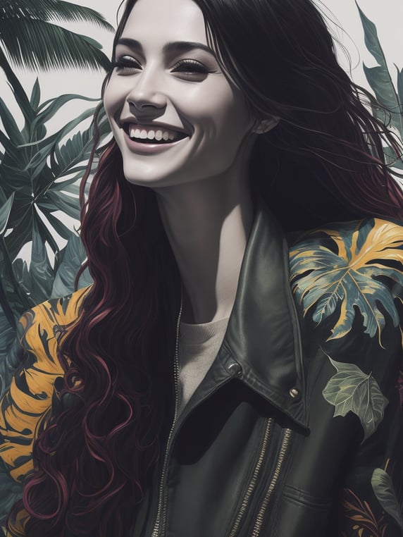 Tropicalpunk by Anna Dittmann and Paul Cadden, wallpaper, realism, Laughing, happy, excited, Lisa congdon, Alexander Archipenko, Hyperdetailed colored pencil drawing