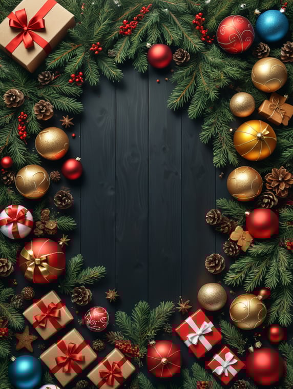 Christmas Illustration With Realistic Fir Branches. Also put Christmas-related balls,Gingerbreads and gift boxes elements on the design. Leave the middle part of the design big blank so I can write. top view