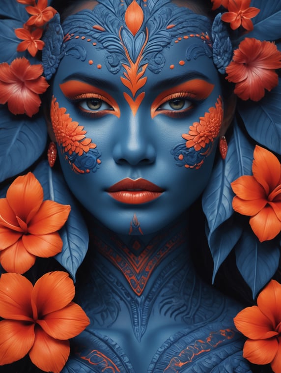 Illustration portrait closeup beautiful blue faced Polynesian model, the skin of the model is covered in dark blue makeup, three colour tone illustration using dark blue, orange and red, artwork, decorative floral artwork nature inspired textured vector shapes of tropical flowers, realistic illustration style, finely detailed, soft tones,