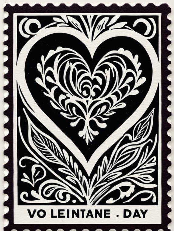 Black and white linocut postage stamp Valentine's Day thick bold dark lines