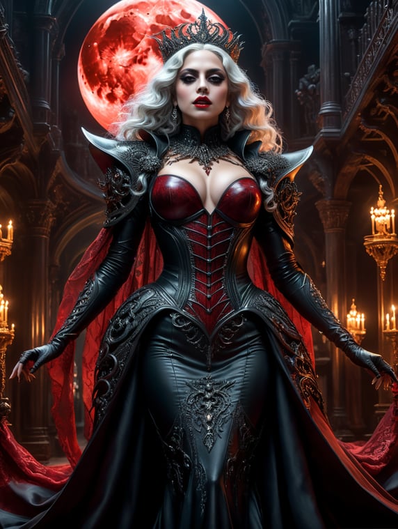 imagine prompt: By Anne Rice and H.R. Giger, visualize Lady Gaga as a sophisticated vampire queen, in a hauntingly beautiful gown, surrounded by a court of ghostly figures under a crimson moon, eerie, sophisticated, Halloween, cinematic photography, action shoot, movement, epic, high definition