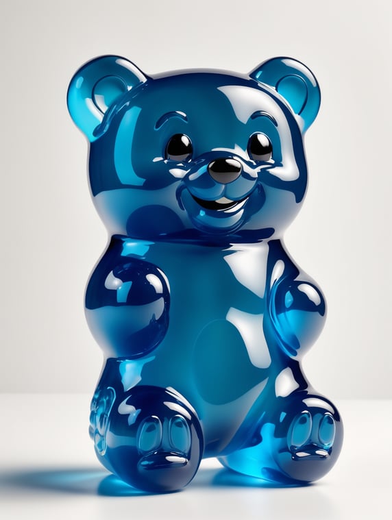 A huge 3D all transparent blue gummy bear with a cute smile White background