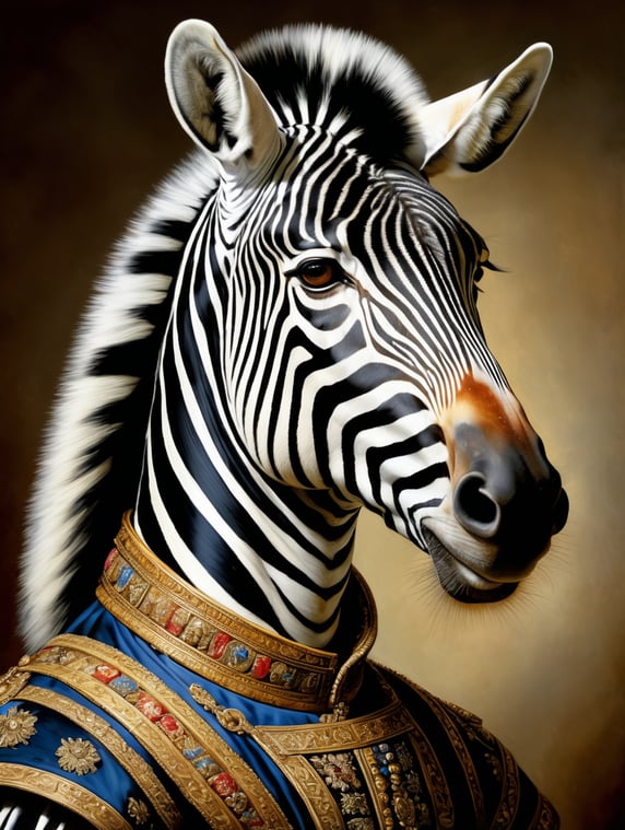 A masterpiece painting by Rembrandt Van Rijn, a Portrait of a zebra wearing the typical clothes of the time, Renaissance painting style, 2 3 view, simple background, waist upwards, highly detailed, high contrast
