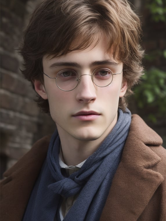 Portrait of Harry Potter in medieval style, detailed face, contrasting light, Against the backdrop of the castle,