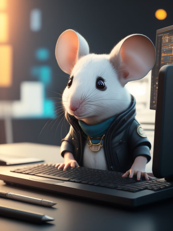 Cute white mouse look like a human stylized as a software engineer near the computer. Large free space on the left half of image. High key. White color.