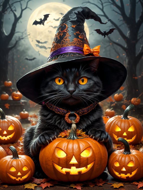 Halloween black cat in witch’s hat cute Jack o lantern
