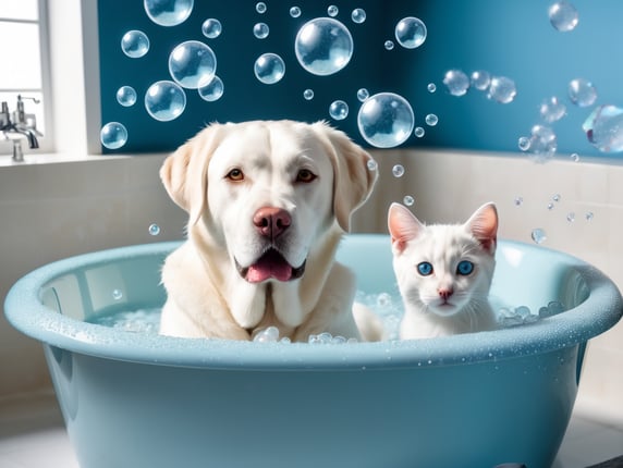 Cats and white Labrador dog in a large bath tub in a bathroom with lots of bubbles and foam. Blue background